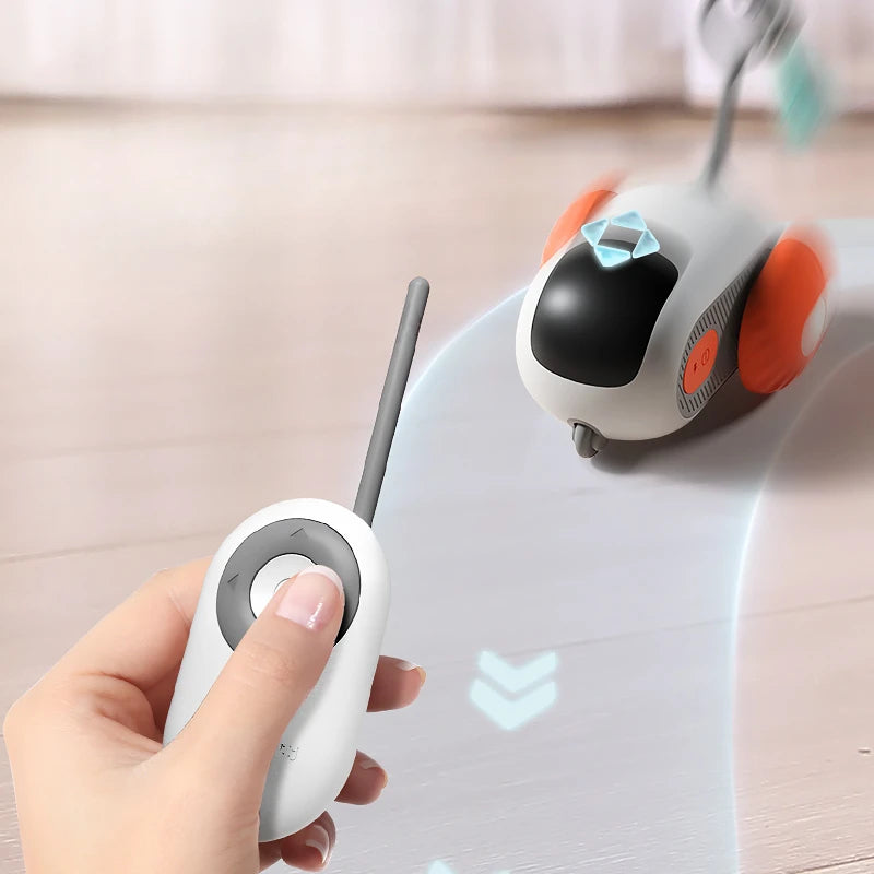 Cat playing with the ChaseBot interactive toy car